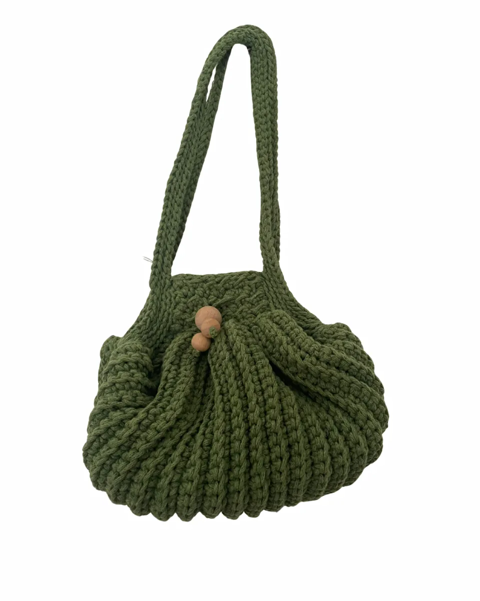 Borsa a Sacchetto all'Uncinetto Verde Bosco con Dettagli in Legno | Borsa Artigianale Fatta a Mano, foto 7