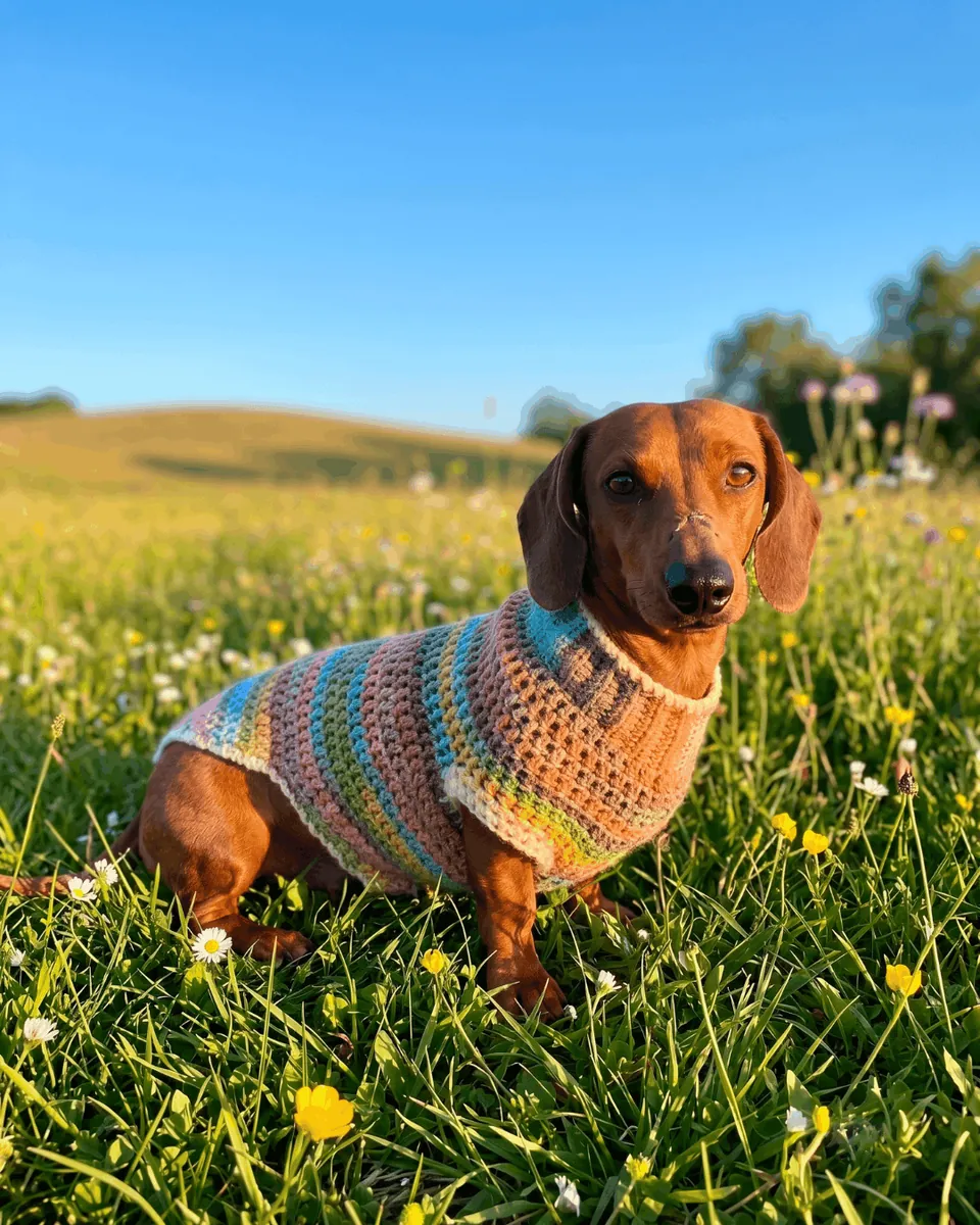 Maglioncino per Bassotto "Rainbow Hug" — Il calore di una coccola fatta a mano per il tuo amico a quattro zampe.

Studiato appositamente per la conformazione unica del bassotto, questo maglioncino lavorato a maglia unisce stile, praticità e massimo comfort. La sua speciale palette di colori sfumati – con toni caldi del rosa, turchese, verde salvia e panna – dona un look allegro e unico a ogni passeggiata.