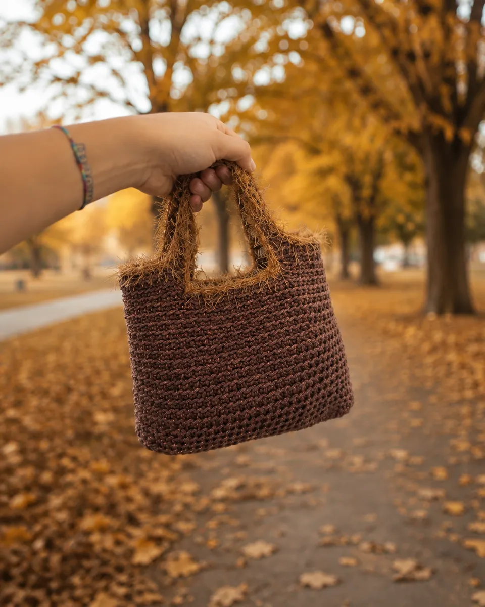 Borsa Tote all'Uncinetto Marrone Cioccolato con Dettagli Pelosi Dorati | Borsa Artigianale Fatta a Mano, foto 2