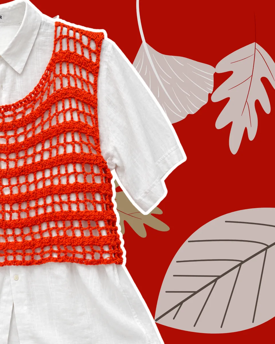 Gilet Short all'Uncinetto Rosso Arancio Traforato | Smanicato Fatto a Mano, foto 3