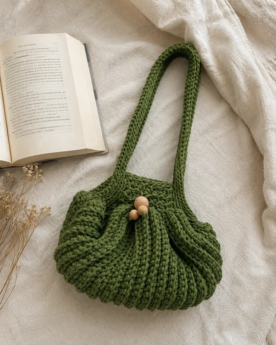 Borsa a Sacchetto all'Uncinetto Verde Bosco con Dettagli in Legno | Borsa Artigianale Fatta a Mano, foto 4