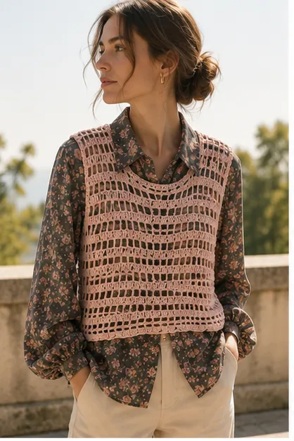 Gilet Short all'Uncinetto Rosa Antico Traforato | Vest Smanicato Fatto a Mano, foto 3