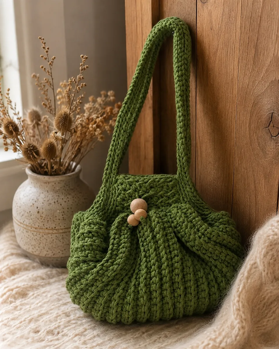 Borsa a Sacchetto all'Uncinetto Verde Bosco con Dettagli in Legno | Borsa Artigianale Fatta a Mano, foto 6