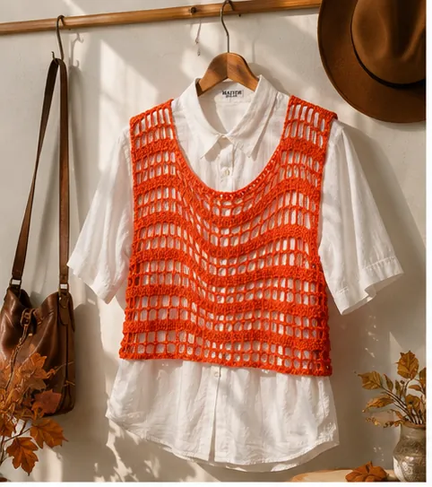 Gilet Short all'Uncinetto Rosso Arancio Traforato | Smanicato Fatto a Mano, foto 4