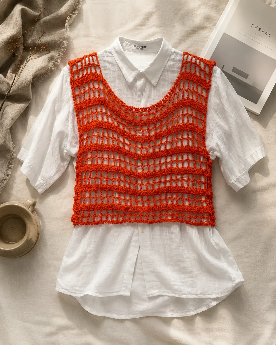 Gilet Short all'Uncinetto Rosso Arancio Traforato | Smanicato Fatto a Mano, foto 2