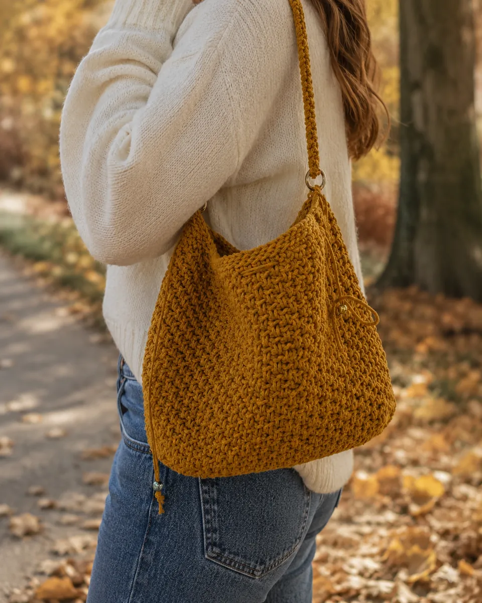 Borsa Secchiello all'Uncinetto Giallo Senape / Miele con Tracolla | Borsa Handmade, foto 6