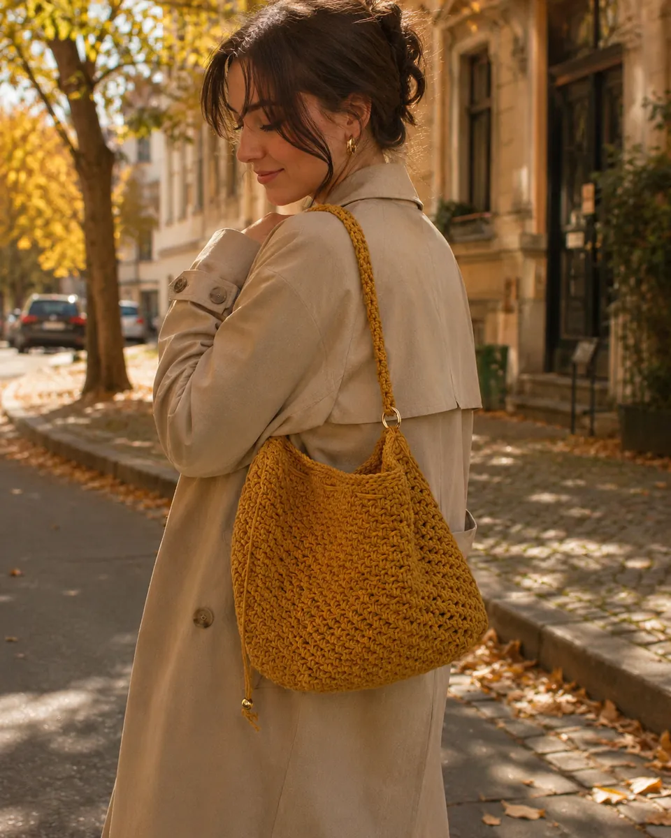 Borsa Secchiello all'Uncinetto Giallo Senape / Miele con Tracolla | Borsa Handmade, foto 2