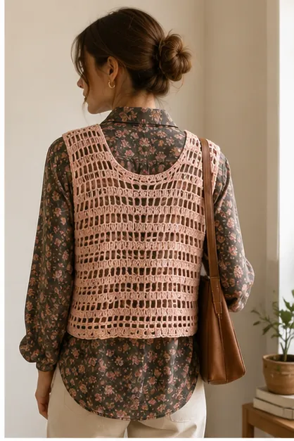 Gilet Short all'Uncinetto Rosa Antico Traforato | Vest Smanicato Fatto a Mano, foto 4