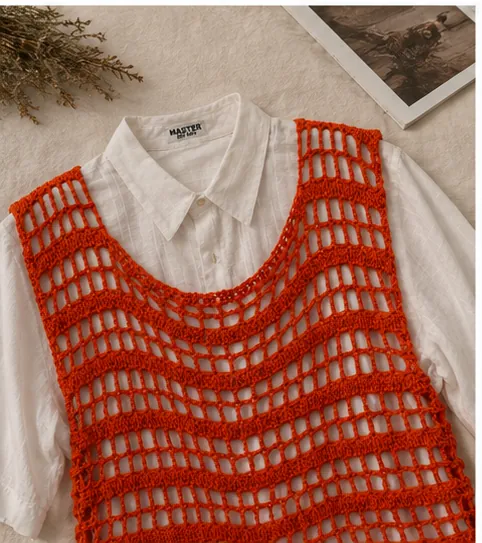 Gilet Short all'Uncinetto Rosso Arancio Traforato | Smanicato Fatto a Mano, foto 5
